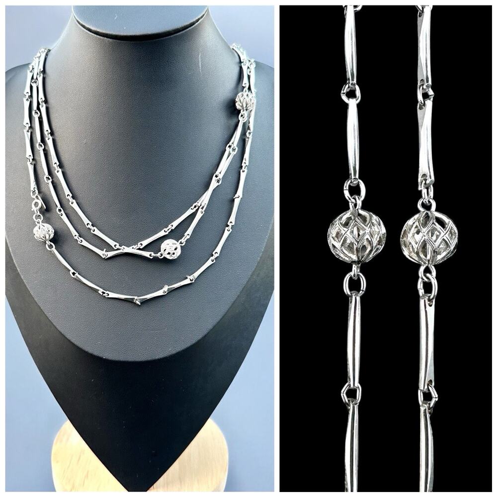 Monet Silver Tone Necklace Station Chain Long Layering Lattice Ball Vintage Orb